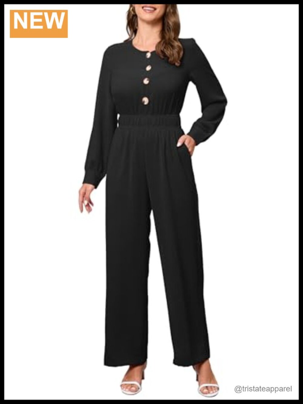 Women's Round Neck Long Sleeve Button Up Wide Leg Jumpsuit with Pockets